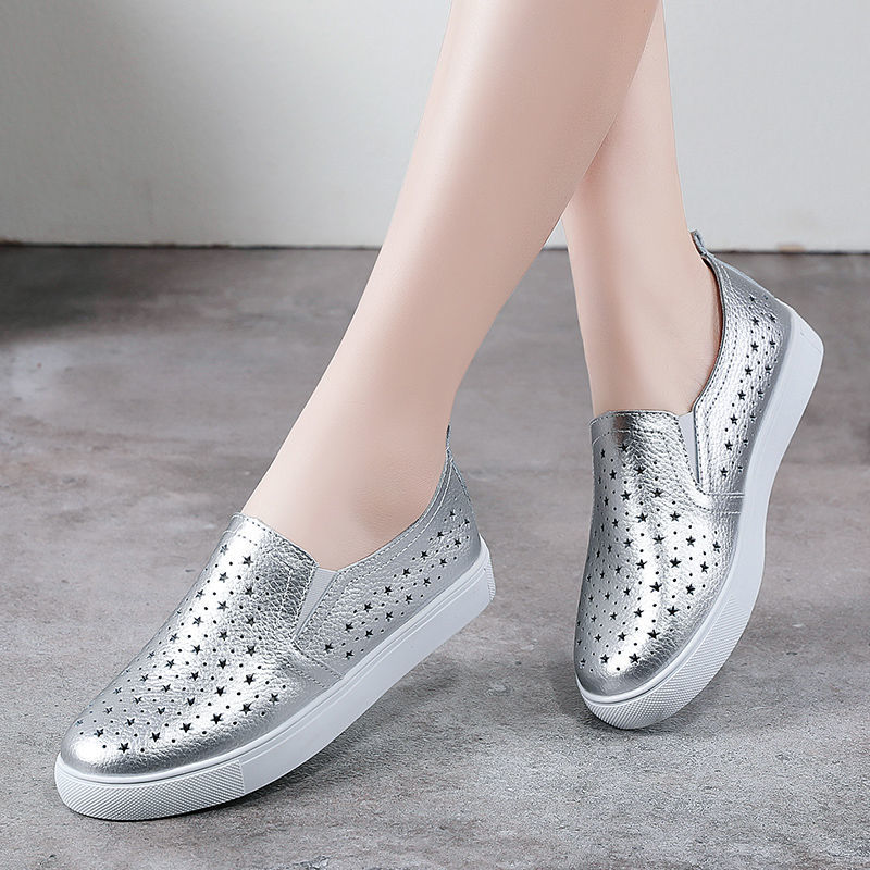 Women'S Shoes For Standing All Day - Spring Summer Silver Flats Hollow Out