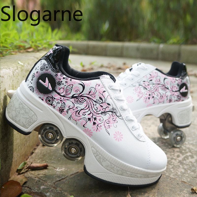 Women'S Shoes To Men'S - Women 4 Wheels Deformation Roller Skates